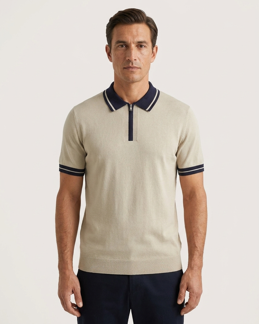 Mens Contrasting-Color Zip-Neck Knitted Short-Sleeve T-Shirt