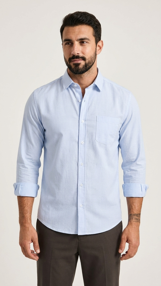 Classic Striped Men's Long-Sleeve Shirt With Single Pocket,Versatile For Daily Work & Leisure,Various Color Options