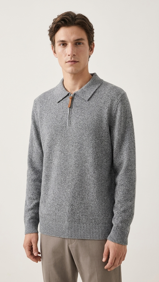 Lapel Knit Sweater With A Half-zip And Long Sleeves For Men